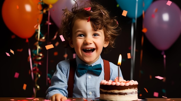 Kinder auf einer glücklichen Geburtstagsfeier mit einer riesigen Torte feiern zusammen mit Ballons