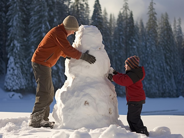 Kinder bauen an einem Wintertag einen Schneemann