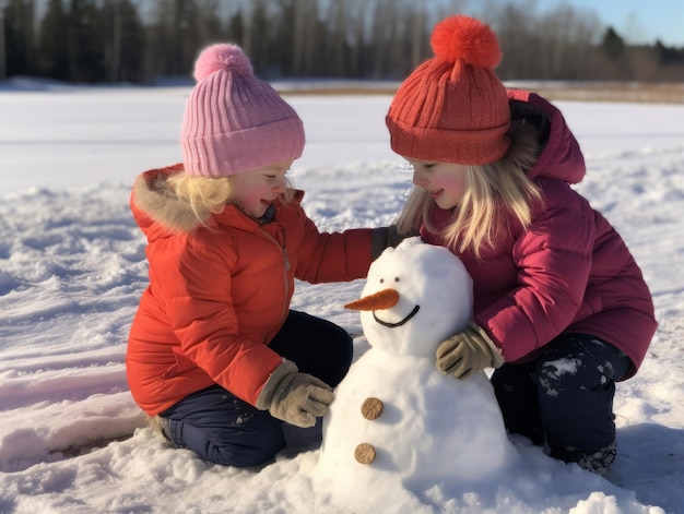 Kinder bauen an einem Wintertag einen Schneemann