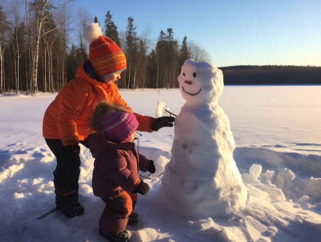 Kinder bauen an einem Wintertag einen Schneemann