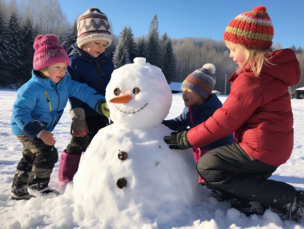 Foto kinder bauen an einem wintertag einen schneemann