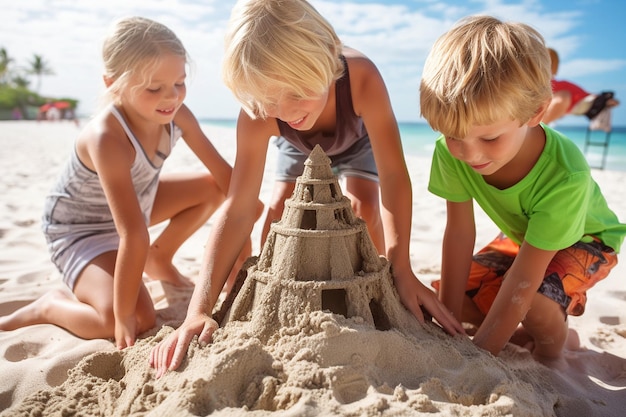 Kinder bauen ein Sandschloss-Königreich