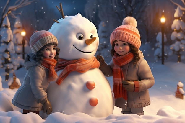 Kinder bauen einen Schneemann mit Karottennasen und 00112 00