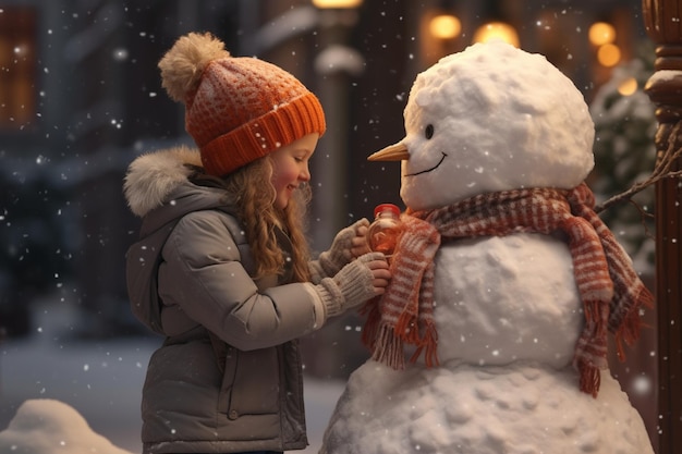 Kinder bauen einen Schneemann mit Karottennasen und 00118 00