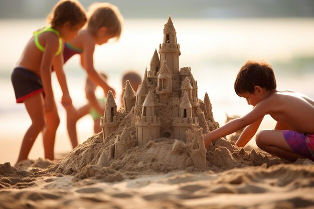 Foto kinder bauen sandburgen am strand