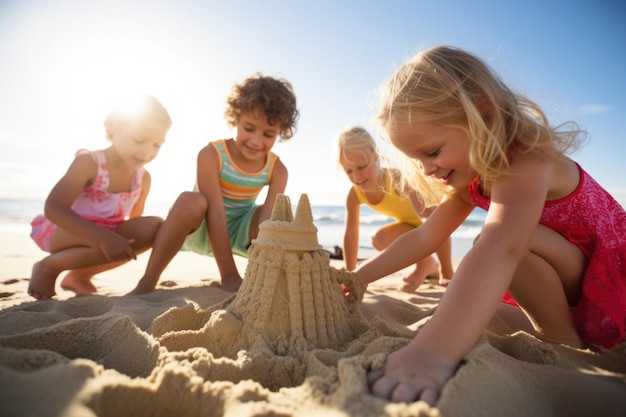 Kinder bauen Sandburgen am Strand