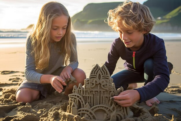 Kinder bauen Sandburgen mit komplizierten Designs