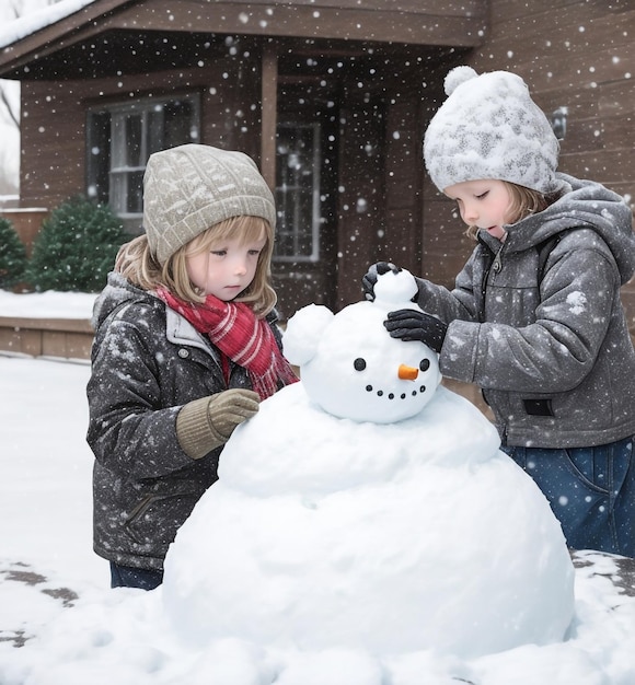 Kinder bauen Schneemann