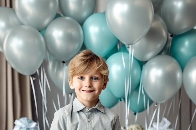 Kinder blauer kleiner Kindheitsparty-Junge-Ballon-Kind süßer Geburtstag Generative KI