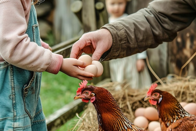 Kinder bringen Eier aus dem Hühnernest im Hühnerhaus und geben sie ihren Vätern in der Hand