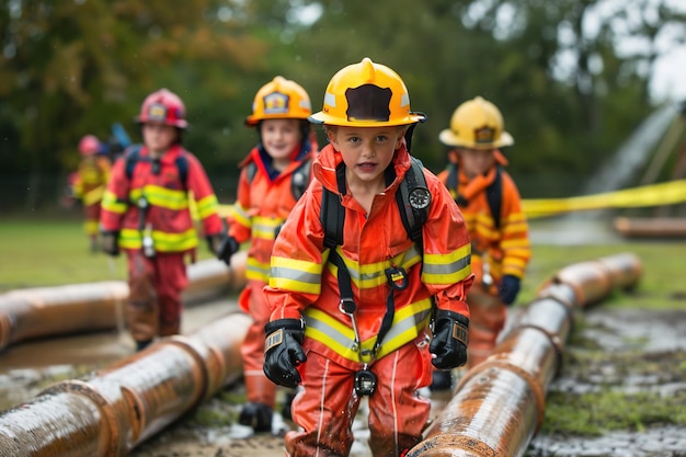 Foto kinder, die als feuerwehrleute gekleidet sind, mit helmen und ausrüstung an einer außentrainingsaktivität teilnehmen