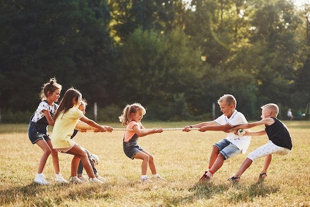 Kinder, die an einem sonnigen Tag auf der schönen Wiese ein Zug-Kriegs-Spiel spielen