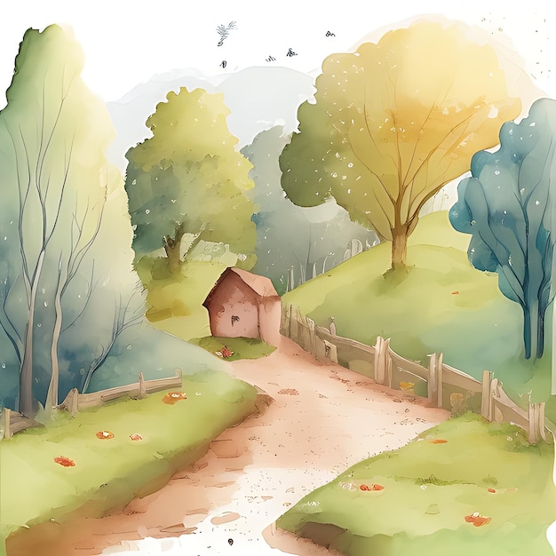 Kinder, die auf dem Weg des Village Stream auf der Seite mit Path Story Book Style Illustration zur Schule gehen