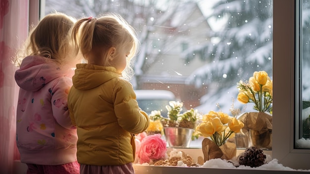 Kinder, die auf die Ankunft des Frühlings warten, schauen aus dem Fenster auf den letzten Schnee