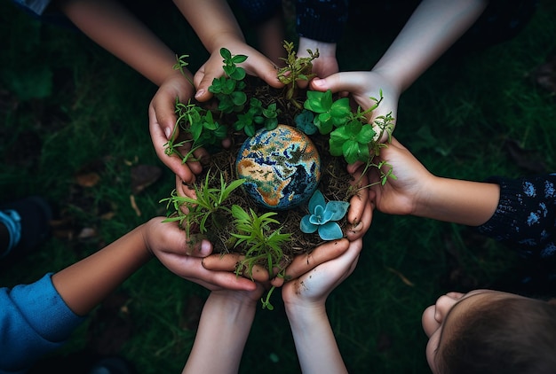 Foto kinder, die eine kleine grüne erde in der hand halten