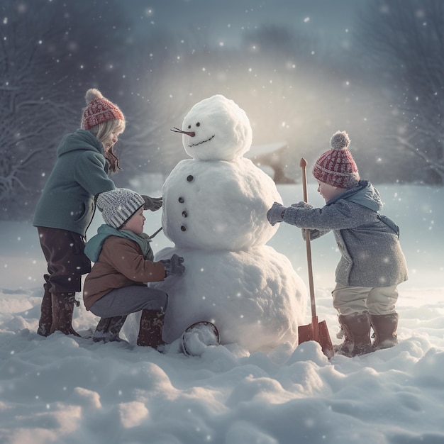 Kinder, die im Schnee spielen, reines Glück