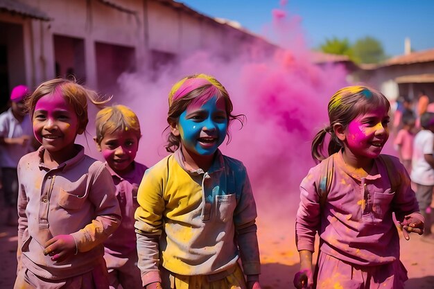 Kinder, die mit farbigem Pulver bedeckt sind, spielen während des Holi-Festivals farbenfrohen Regenbogen