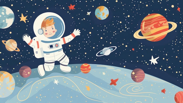 Foto kinder, die satelliten im weltraum erforschen cartoon moderne illustrationssatz von kleinen astronauten in anzügen und helmen