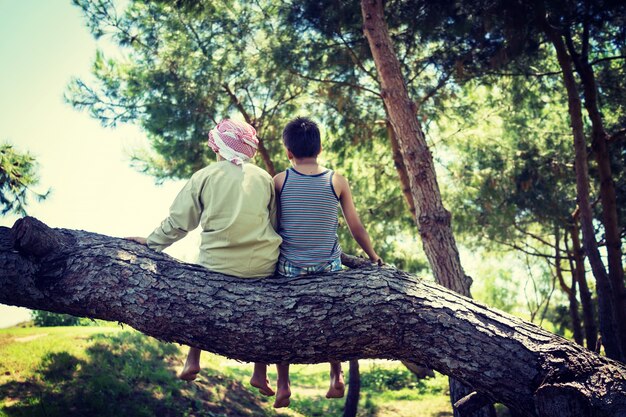 Kinder, die zusammen auf Baum sitzen