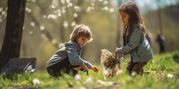 Kinder entfernen den Müll aus dem Park zu Ehren des Earth Day Generative Ai