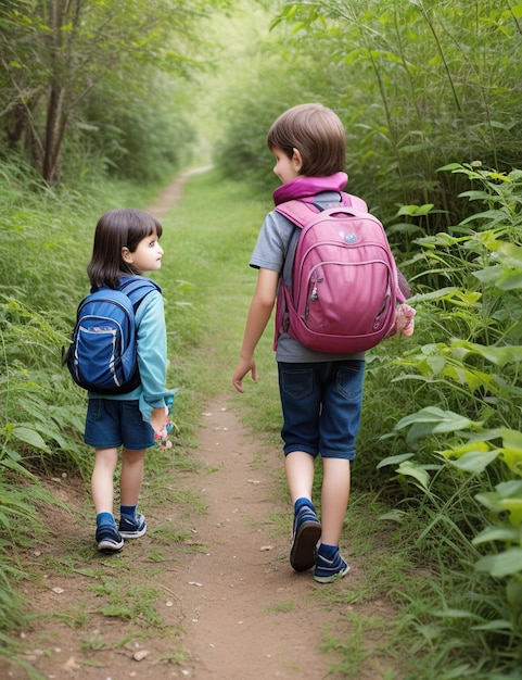 Kinder erkunden die Natur beim Wandern auf Wegen mit Rucksäcken und Pfad