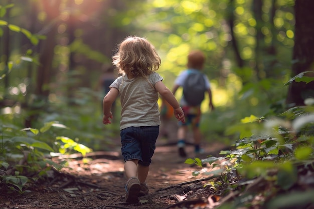 Kinder erkunden die Natur und laufen im Wald.