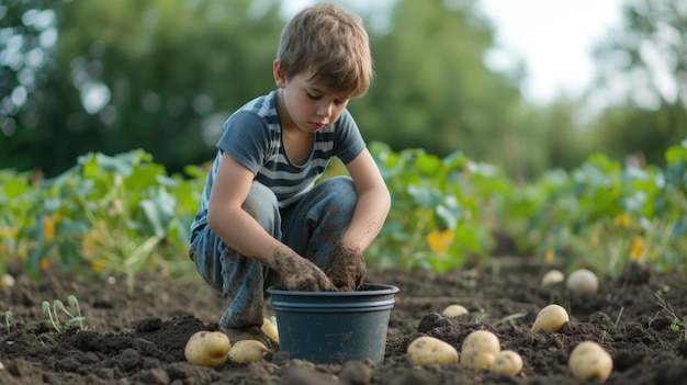 Kinder ernten Kartoffeln in einem Garten Landwirtschaft und Lernkonzept