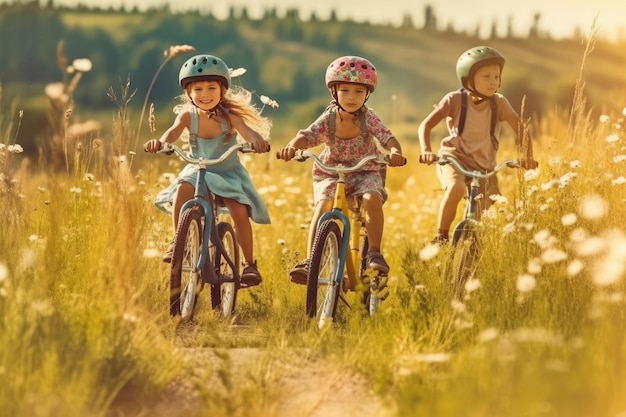 Kinder fahren Fahrrad auf einem Feld mit einem Sonnenuntergang im Hintergrund.