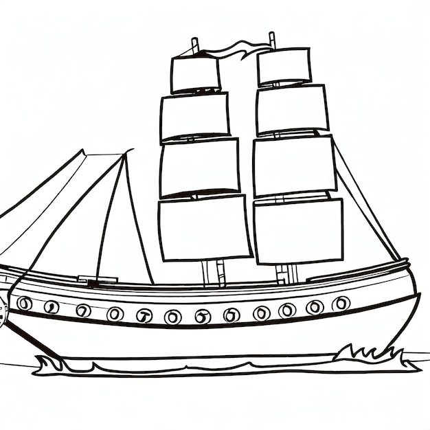 Kinder Farbbuch Schiff Cartoon dicke Linien schwarz und weiß weißer Hintergrund Illustration generiert von Ai