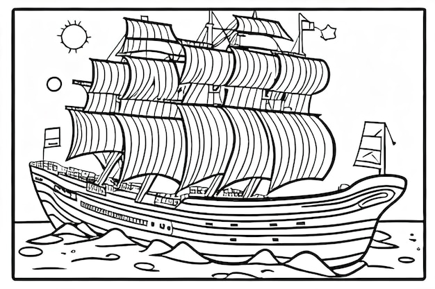 Kinder Farbbuch Schiff Cartoon dicke Linien schwarz und weiß weißer Hintergrund Illustration generiert von Ai