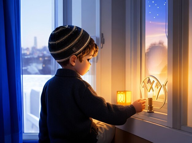 Kinder feiern Chanooka, das jüdische Lichtfest. Kinder zünden Kerzen auf der traditionellen Menora. Junge in Kippa mit Dreidel und Sufganiyah-Donut. Israel-Feiertag.