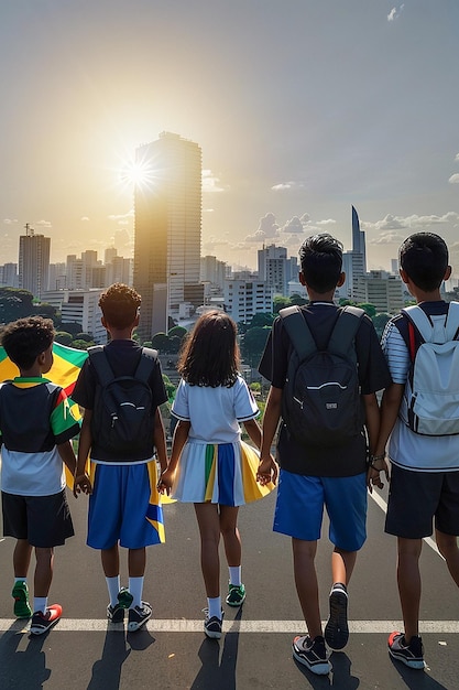 Kinder feiern den Unabhängigkeitstag Brasiliens im Hintergrund der Stadt bei Sonnenuntergang