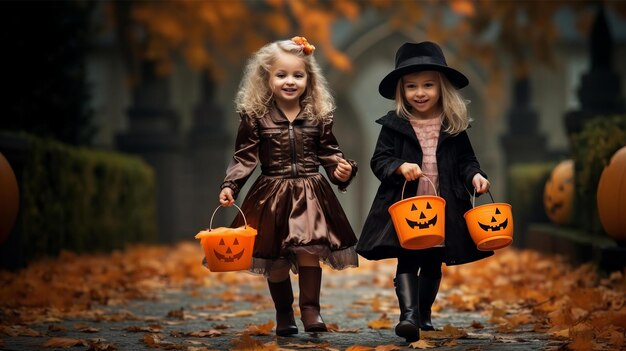 Foto kinder feierten halloween mit viel kürbis und süßigkeiten.