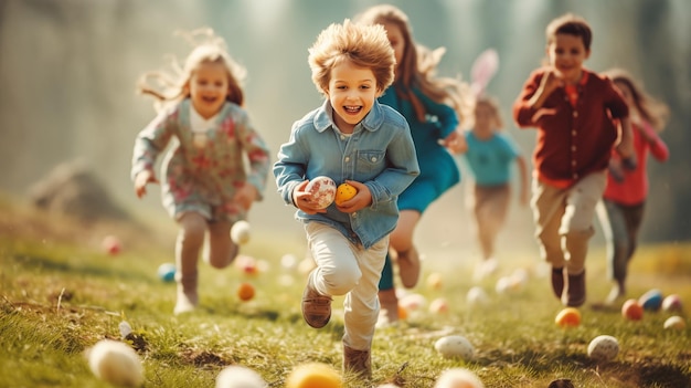 Kinder freuen sich an der Ostereierjagd, eine entzückende Freude, die von KI generiert wird.