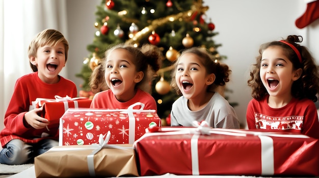 Kinder freuen sich, nachdem sie Weihnachtsgeschenke erhalten haben