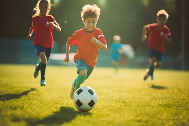 Kinder-Fußball-Fußball-junge Kinder-Spieler spielen auf dem Fußballplatz