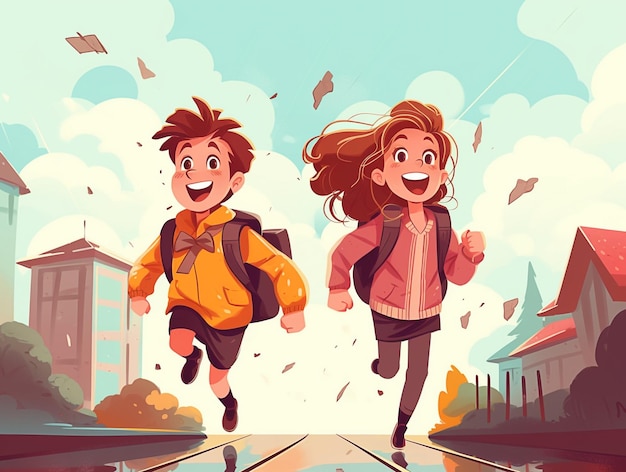 Kinder gehen glücklich zur Schule. Illustration AI generiert