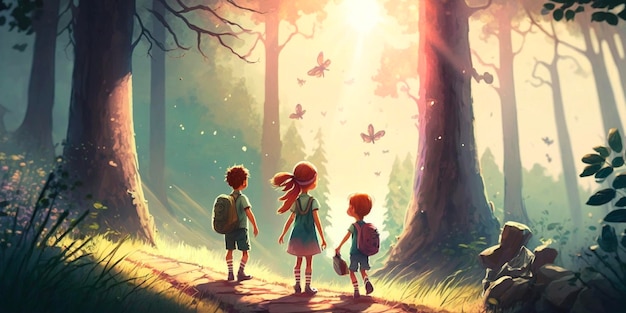 Kinder gehen im Wald spazieren, Cartoon-Illustration Generative KI