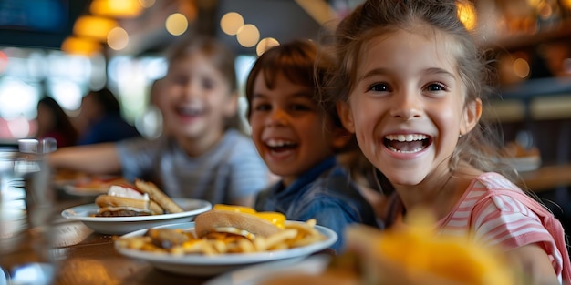 Foto kinder genießen köstliches essen in einem restaurant konzept outdoor-fotoshoot farbige requisiten fröhliche porträts spielhafte posen