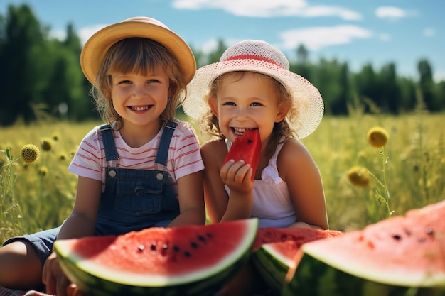 Kinder genießen Wassermelone bei einem Picknick