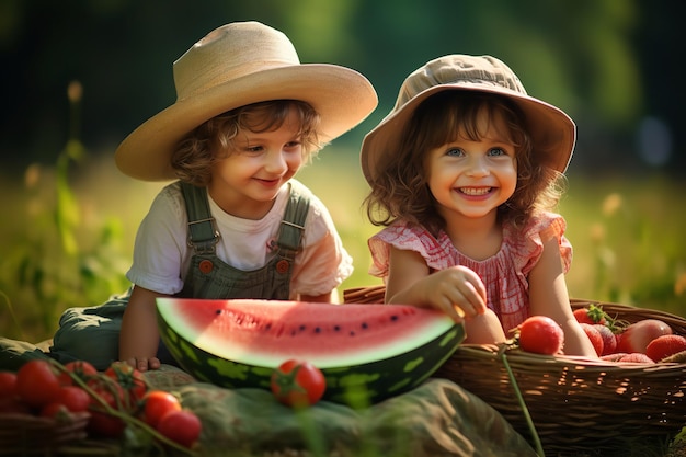 Kinder genießen Wassermelone bei einem Picknick