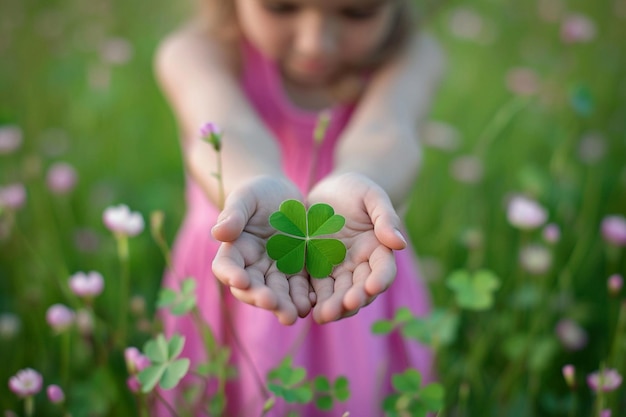 Kinder halten ein Kleeblatt in der Hand