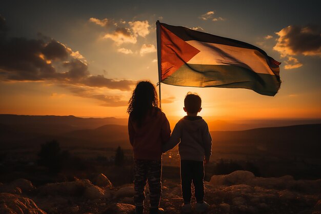 Kinder halten eine palästinensische Flagge mit Sonnenuntergang und hoffen auf Freiheit