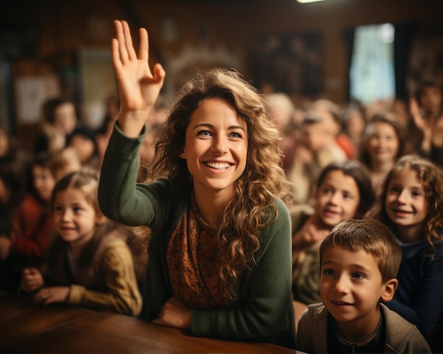 Kinder heben an einem Schultag die Hände