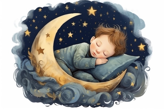 Kinder-Illustration mit Mond und schlafendem Baby Schönes Poster für Babyspielzimmer oder Schlafzimmer Kindliche Grußkarte