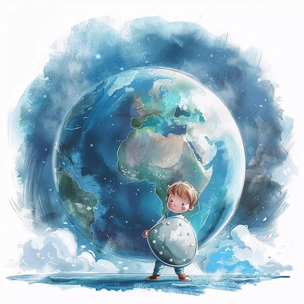 Foto kinder-illustration, wie ein junge ritter mit einem schild den planeten erde schützt