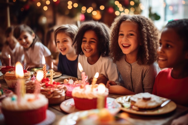 Kinder im Alter von 56 Jahren am festlichen Tisch mit Süßigkeiten