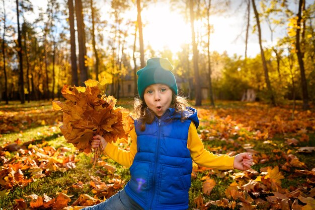 Kinder im Freien Lustiges, entzückendes kleines Mädchen sammelt trocken gefallene Ahornblätter, die in einem Herbstpark mit fallenden Sonnenstrahlen bei Sonnenuntergang zwischen gelben Blättern spielen Konzept einer glücklichen, unbeschwerten Kindheit