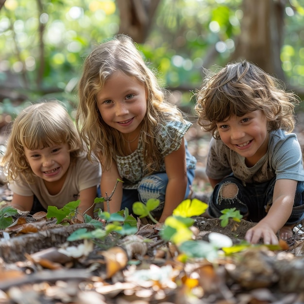 Foto kinder in einem botanischen garten nehmen bei interaktiven aktivitäten zur identifizierung von bäumen teil.