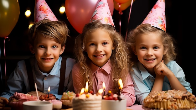 Kinder in einer glücklichen Geburtstagsfeier mit einer riesigen Torte feiern zusammen mit Ballons